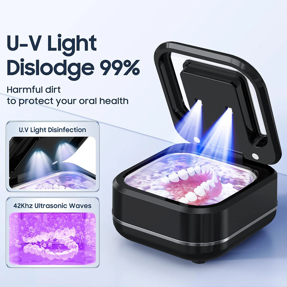 Portable Ultrasonic UV Cleaning Machine Mini Ultrasonic Braces Cleaning Machine UV Invisible Denture Cleaner 42,000Hz Deep Cleaning — view 6