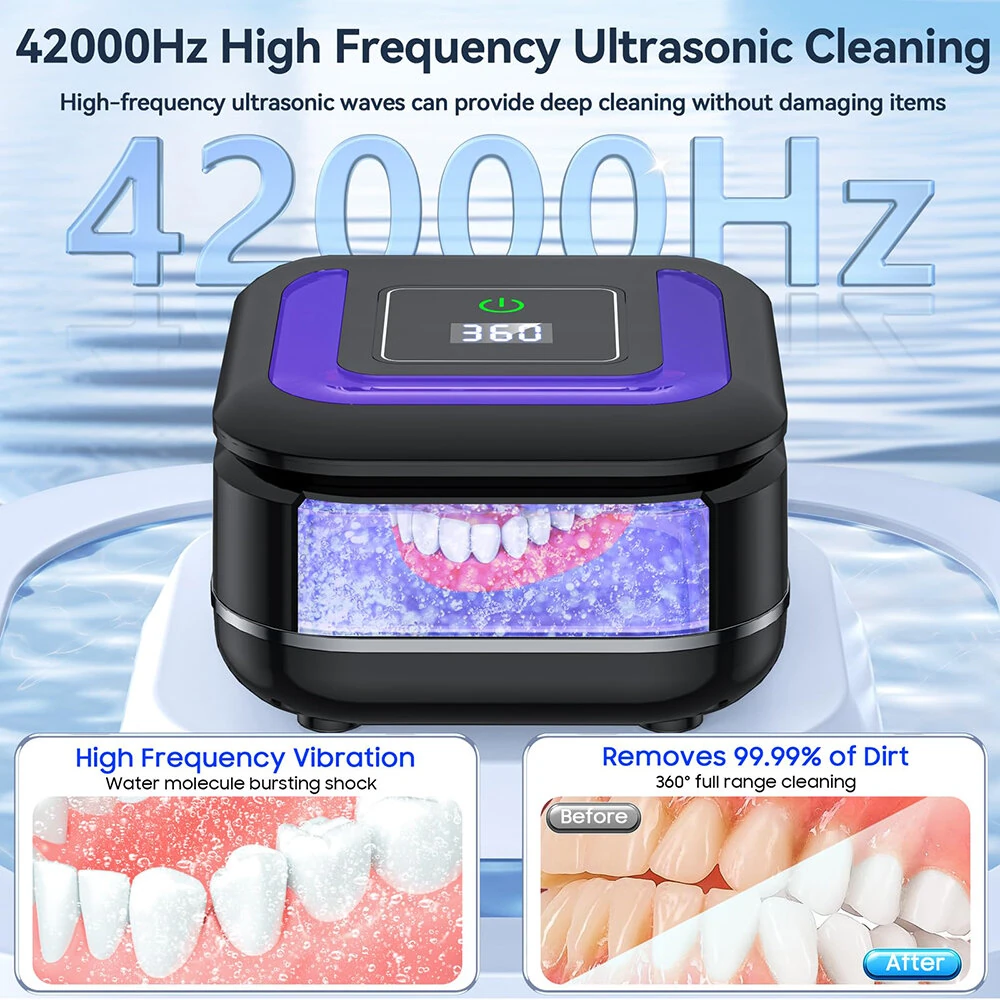 Portable Ultrasonic UV Cleaning Machine Mini Ultrasonic Braces Cleaning Machine UV Invisible Denture Cleaner 42,000Hz Deep Cleaning — view 8