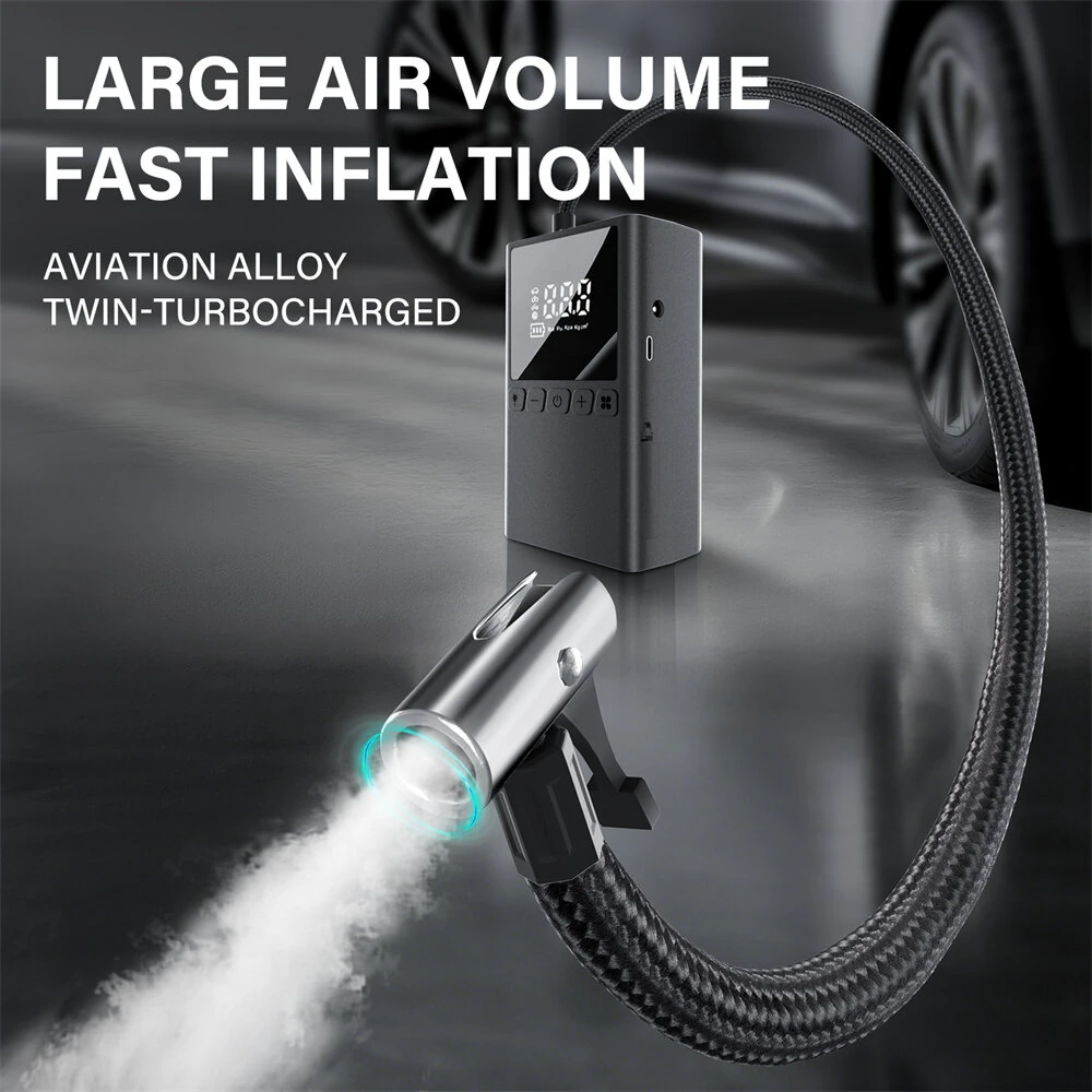 Portable Wireless Multi-functional Inflatable Pump 100W Digital Display LED Lighting AI Auto Stop for Car Motorcycle Tire Ball Inflation — view 7