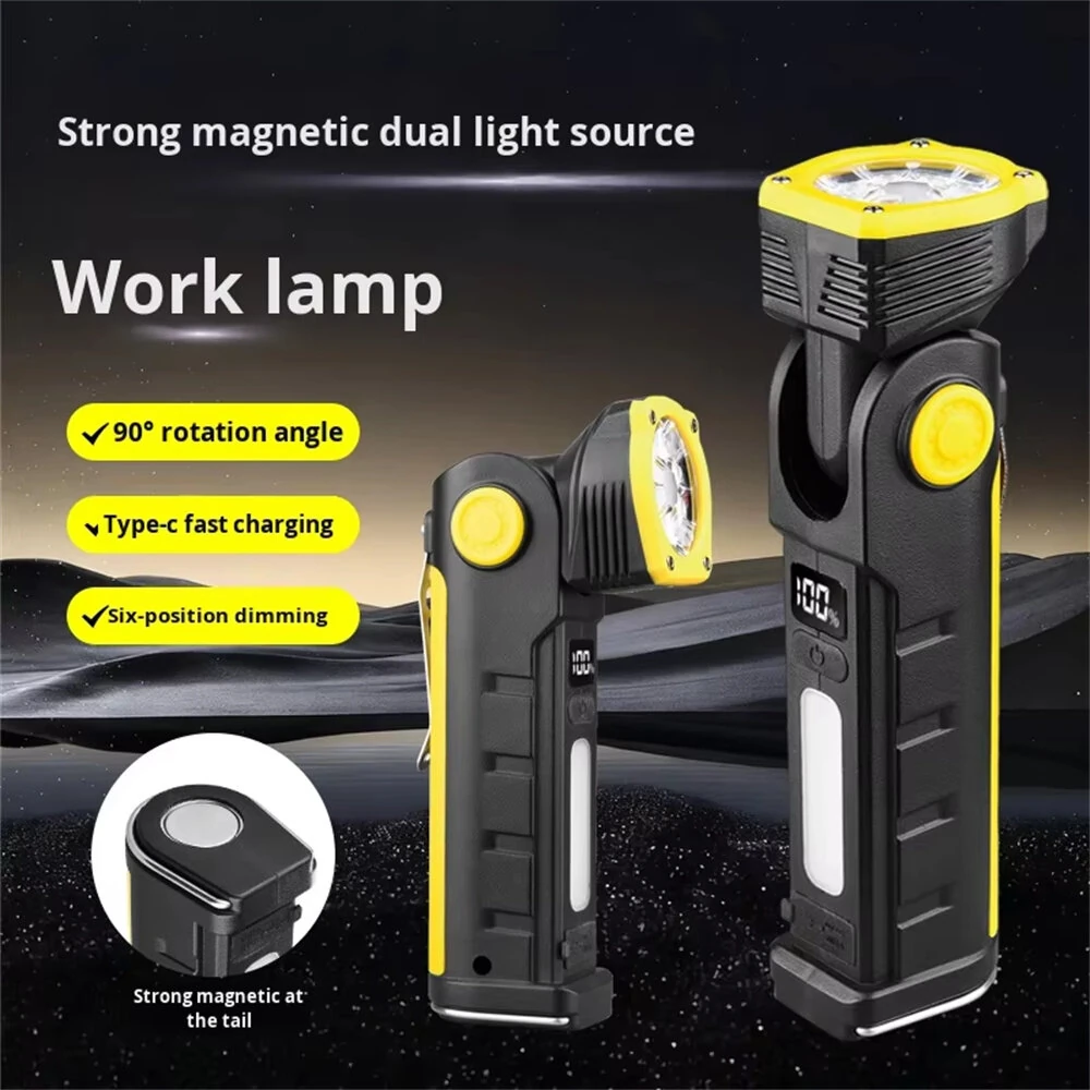 Powerful Dual Light Source Flashlight Handheld Folding Lamp Camping Working Torch USB Charging Digital Display with Magnet Car Inspection Outdoor Red Warning Flash Light — view 5