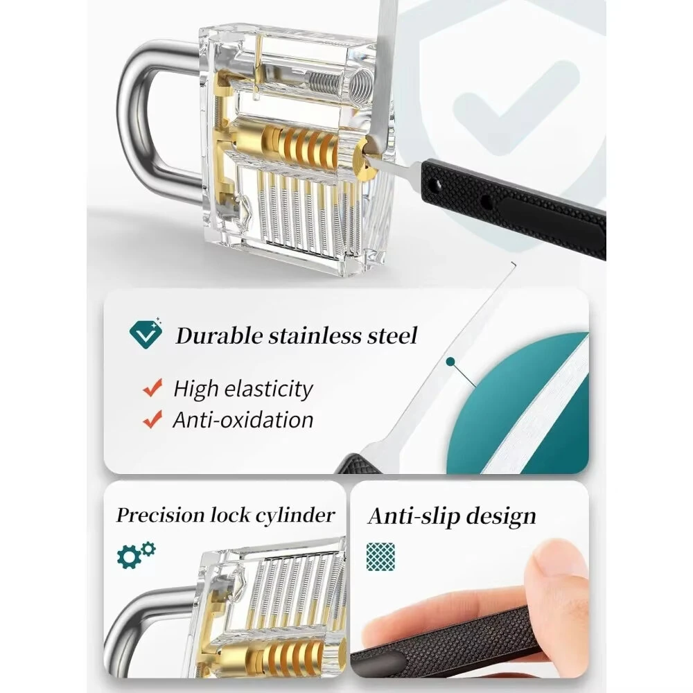 Premium Lock Pick Set 32 Piece Professional Transparent Training Locks Stainless Steel Anti Slip Grip Lock Picking Tools for Padlock Tubular & Pin Locks Locksmith Kit — view 4