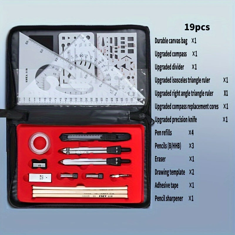 Professional 19pcs Compasses Drawing Kit Aluminum Alloy Material Architectural Mechanical CAD Design Tools Complete Geometric Instrument Set with Templates Rulers Precision Knife Portable Canvas Bag — view 5