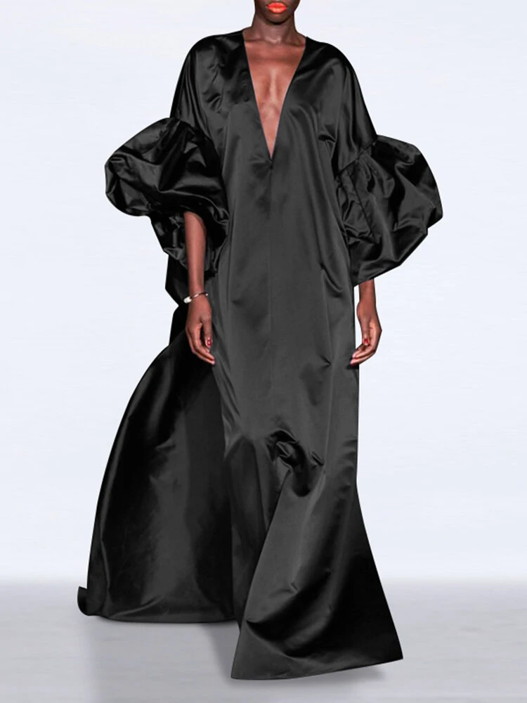 Puff Sleeve Ruffles Loose Fit V-Neck Leisure Maxi Dress For Women — view 2