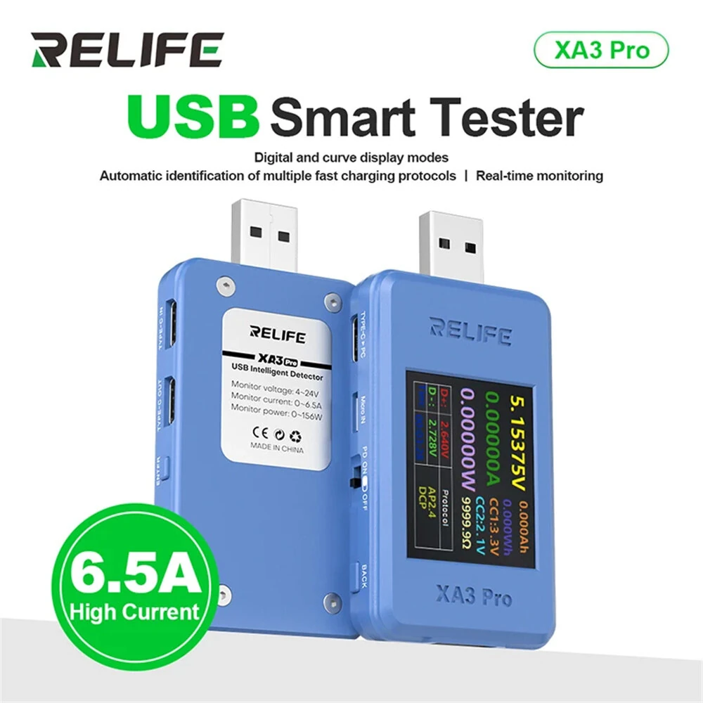 RELIFE XA3 Pro USB Smart Tester PD QC2.0 QC3.0 Fast Charge 6.5A High Current 156W Power Measurement 1.77-inch TFT LCD — view 3