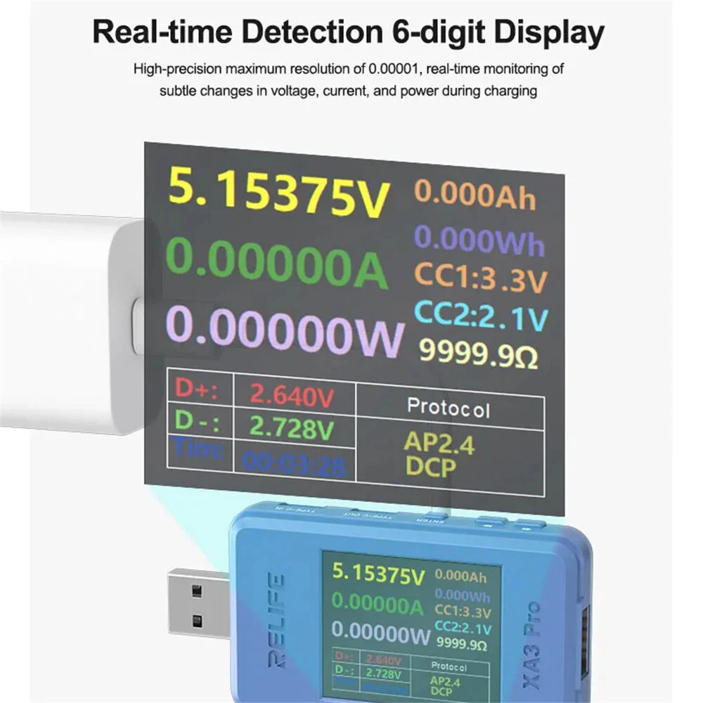 RELIFE XA3 Pro USB Smart Tester PD QC2.0 QC3.0 Fast Charge 6.5A High Current 156W Power Measurement 1.77-inch TFT LCD — view 6