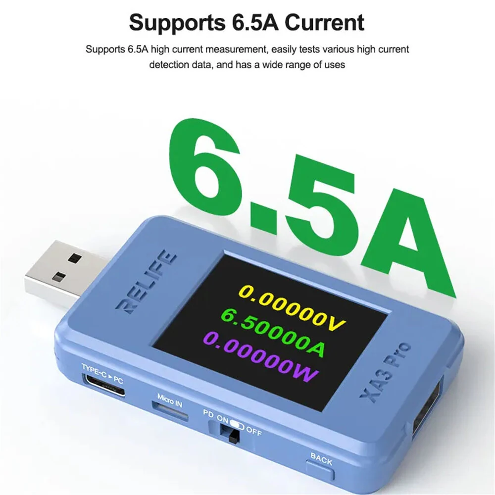 RELIFE XA3 Pro USB Smart Tester PD QC2.0 QC3.0 Fast Charge 6.5A High Current 156W Power Measurement 1.77-inch TFT LCD — view 8