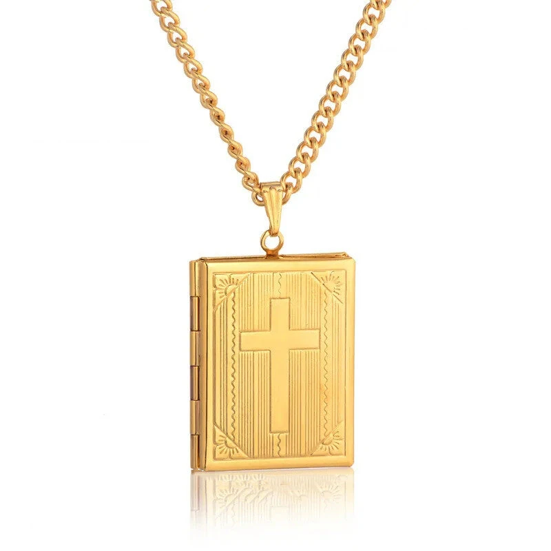 Religious Jesus Cross Locket Pendants Gold Silver Color Photo Frame Memory Necklace for Women/Men Stainless Steel Cross Necklace Faith Jewelry Gift — view 11