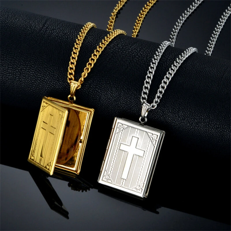Religious Jesus Cross Locket Pendants Gold Silver Color Photo Frame Memory Necklace for Women/Men Stainless Steel Cross Necklace Faith Jewelry Gift — view 2