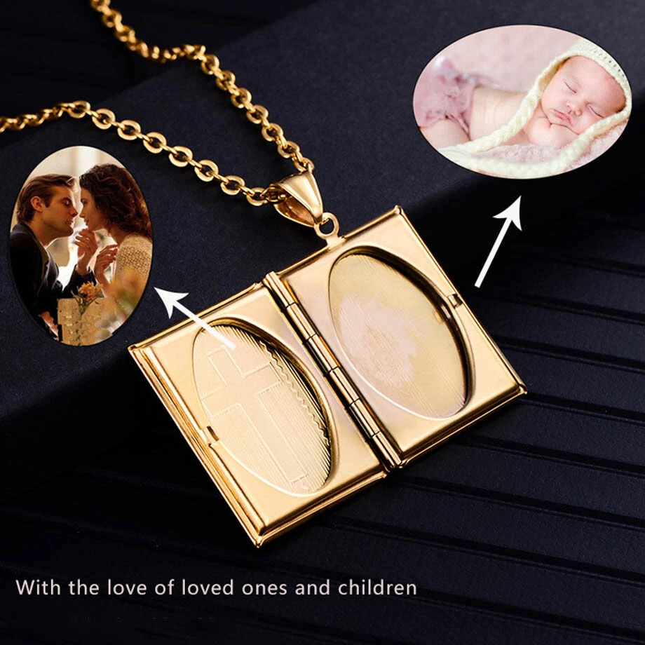 Religious Jesus Cross Locket Pendants Gold Silver Color Photo Frame Memory Necklace for Women/Men Stainless Steel Cross Necklace Faith Jewelry Gift — view 3