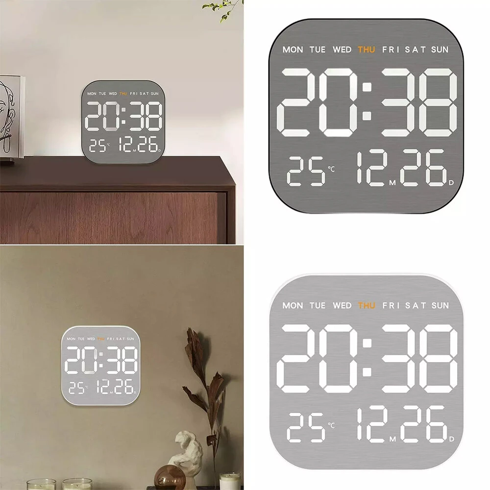 Remote Control Digital Wall Clock LED Alarm Clock Metal Brushed Texture Large Display Screen Home Office Bedroom — view 2