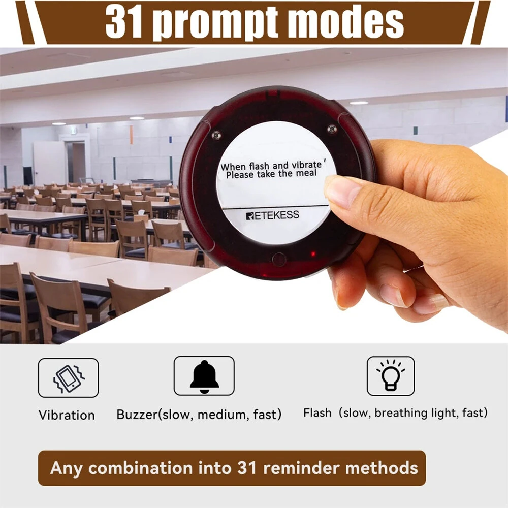 Retekess Restaurant Pager Wireless Calling System Vibrators Paging Device 20/30pcs Coaste Pager 500m Range IP33 Waterproof Keypad Touch 31 Prompt Modes — view 4