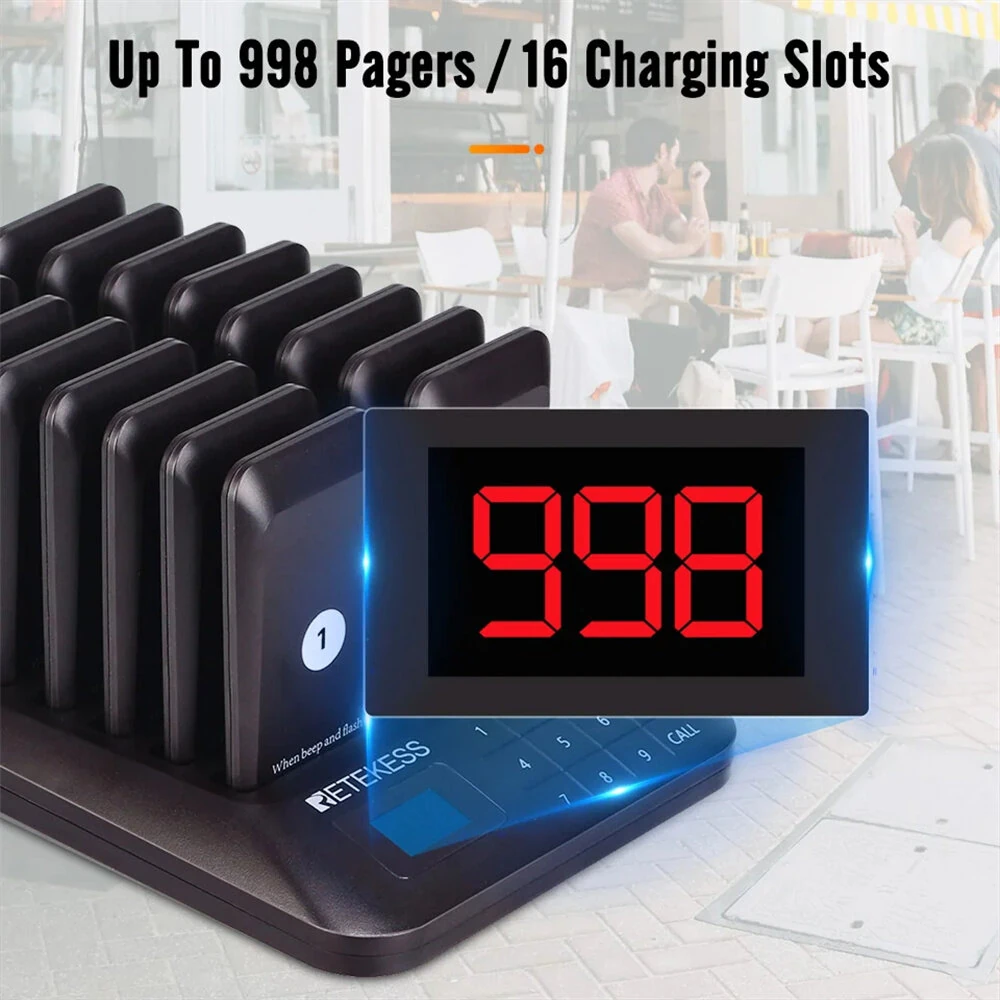 RETEKESS TD157 Restaurant Pager Wireless Calling System 16 Coasters Buzzer Beeper Bell Receivers 300m Transmission Rechargeable Battery for Restaurant Bar Cafe Hotel Hospital — view 7
