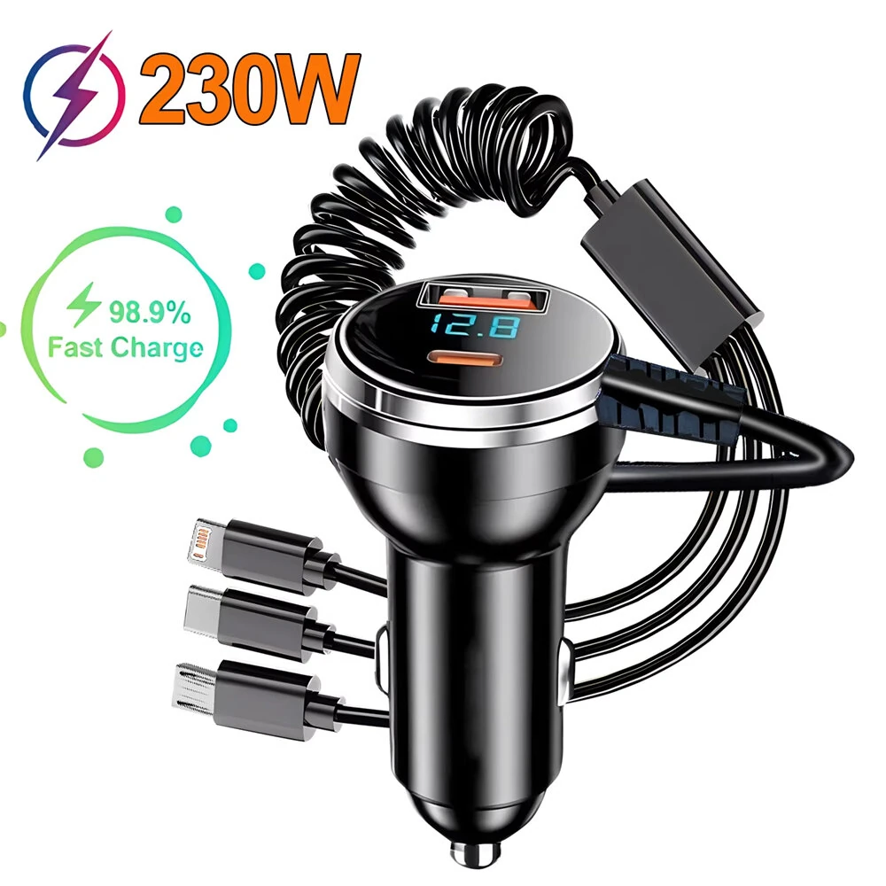 Retractable Car Charger 100W 4 in 1 Fast Car Charger USB C PD QC 3.0 Lighter Adapter Multi Port Car Phone Charger with Digital Display For iPhone 17 16 Pro Max Laptop Car Gadgets Accessories