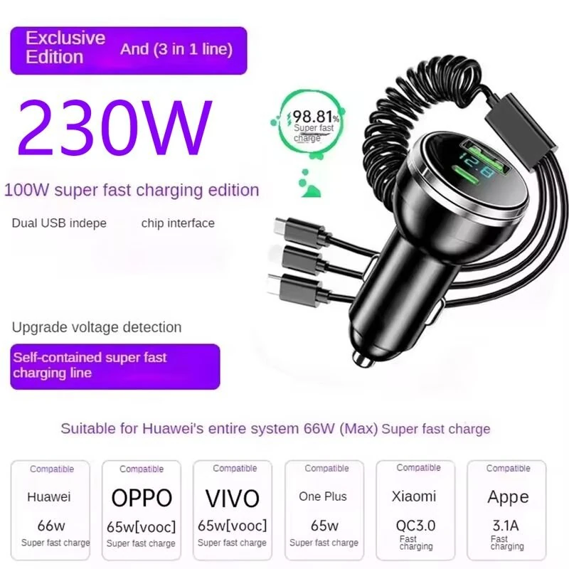 Retractable Car Charger 100W 4 in 1 Fast Car Charger USB C PD QC 3.0 Lighter Adapter Multi Port Car Phone Charger with Digital Display For iPhone 17 16 Pro Max Laptop Car Gadgets Accessories — view 2