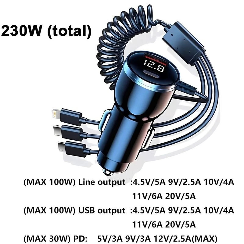 Retractable Car Charger 100W 4 in 1 Fast Car Charger USB C PD QC 3.0 Lighter Adapter Multi Port Car Phone Charger with Digital Display For iPhone 17 16 Pro Max Laptop Car Gadgets Accessories — view 3