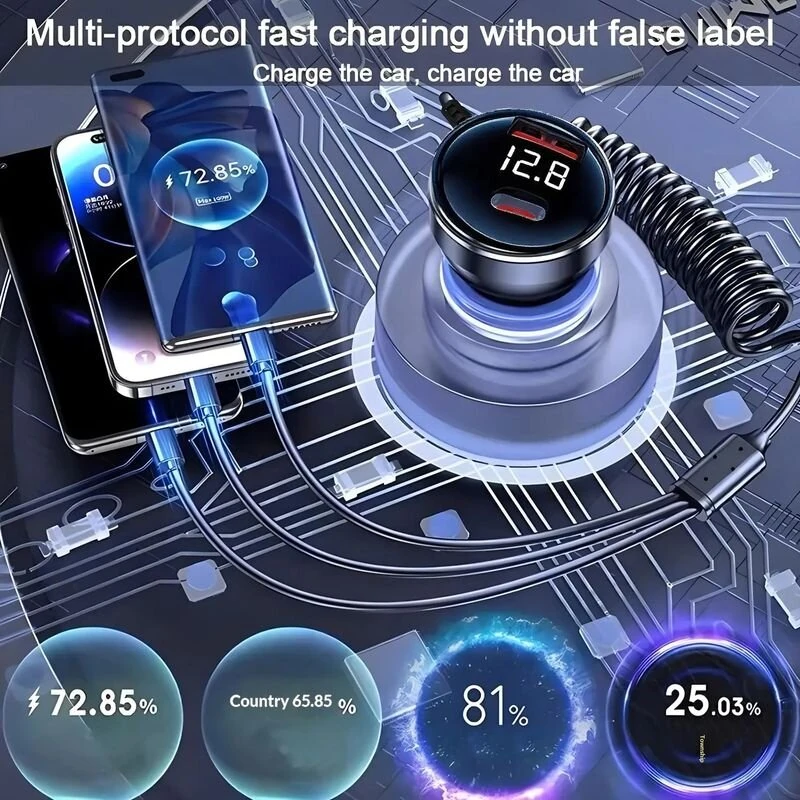 Retractable Car Charger 100W 4 in 1 Fast Car Charger USB C PD QC 3.0 Lighter Adapter Multi Port Car Phone Charger with Digital Display For iPhone 17 16 Pro Max Laptop Car Gadgets Accessories — view 5