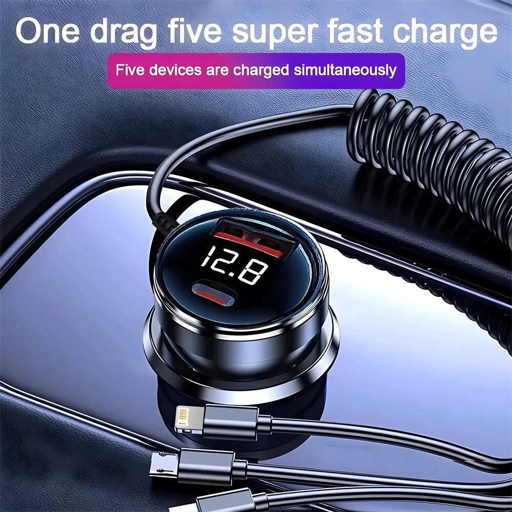 Retractable Car Charger 100W 4 in 1 Fast Car Charger USB C PD QC 3.0 Lighter Adapter Multi Port Car Phone Charger with Digital Display For iPhone 17 16 Pro Max Laptop Car Gadgets Accessories — view 7