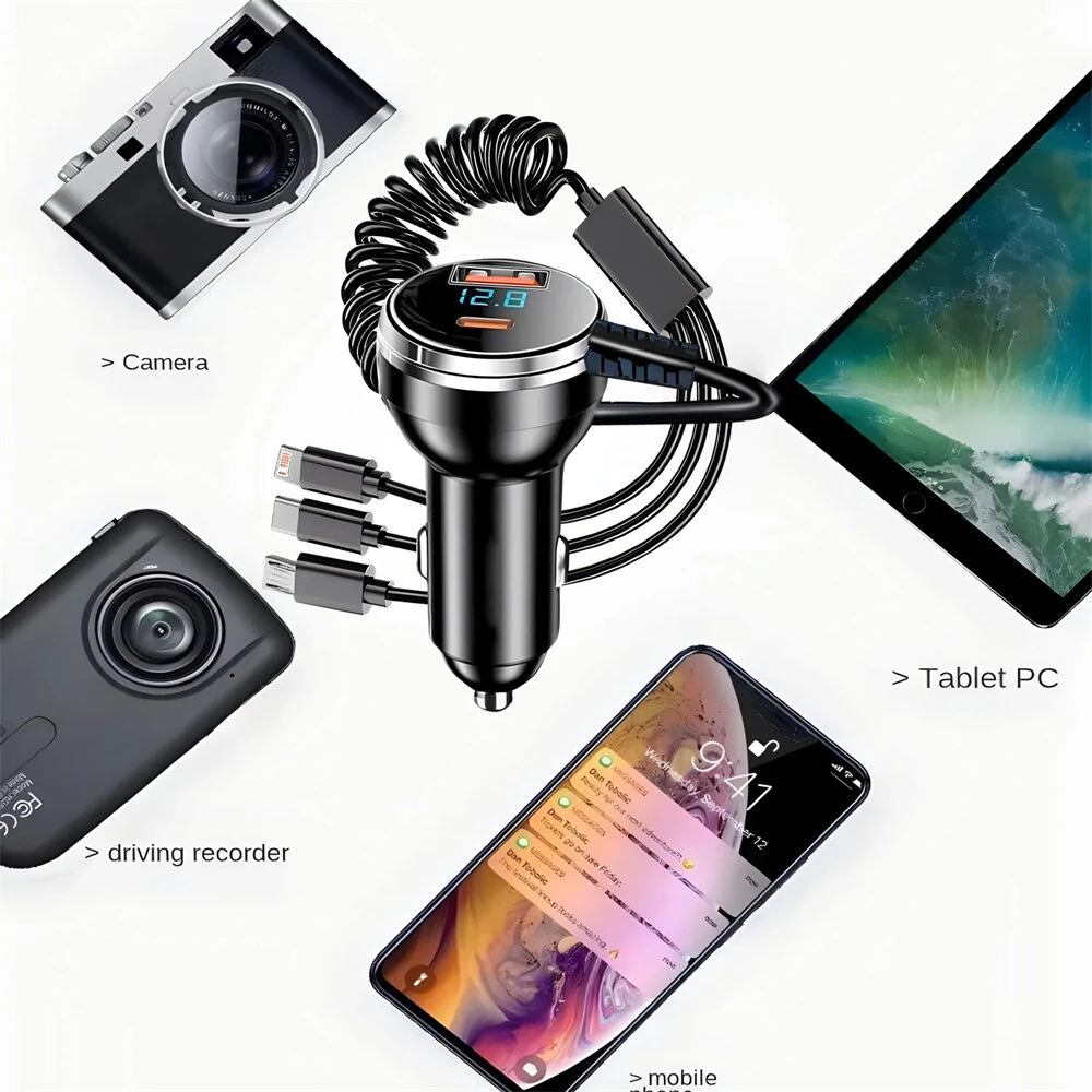 Retractable Car Charger 100W 4 in 1 Fast Car Charger USB C PD QC 3.0 Lighter Adapter Multi Port Car Phone Charger with Digital Display For iPhone 17 16 Pro Max Laptop Car Gadgets Accessories — view 9