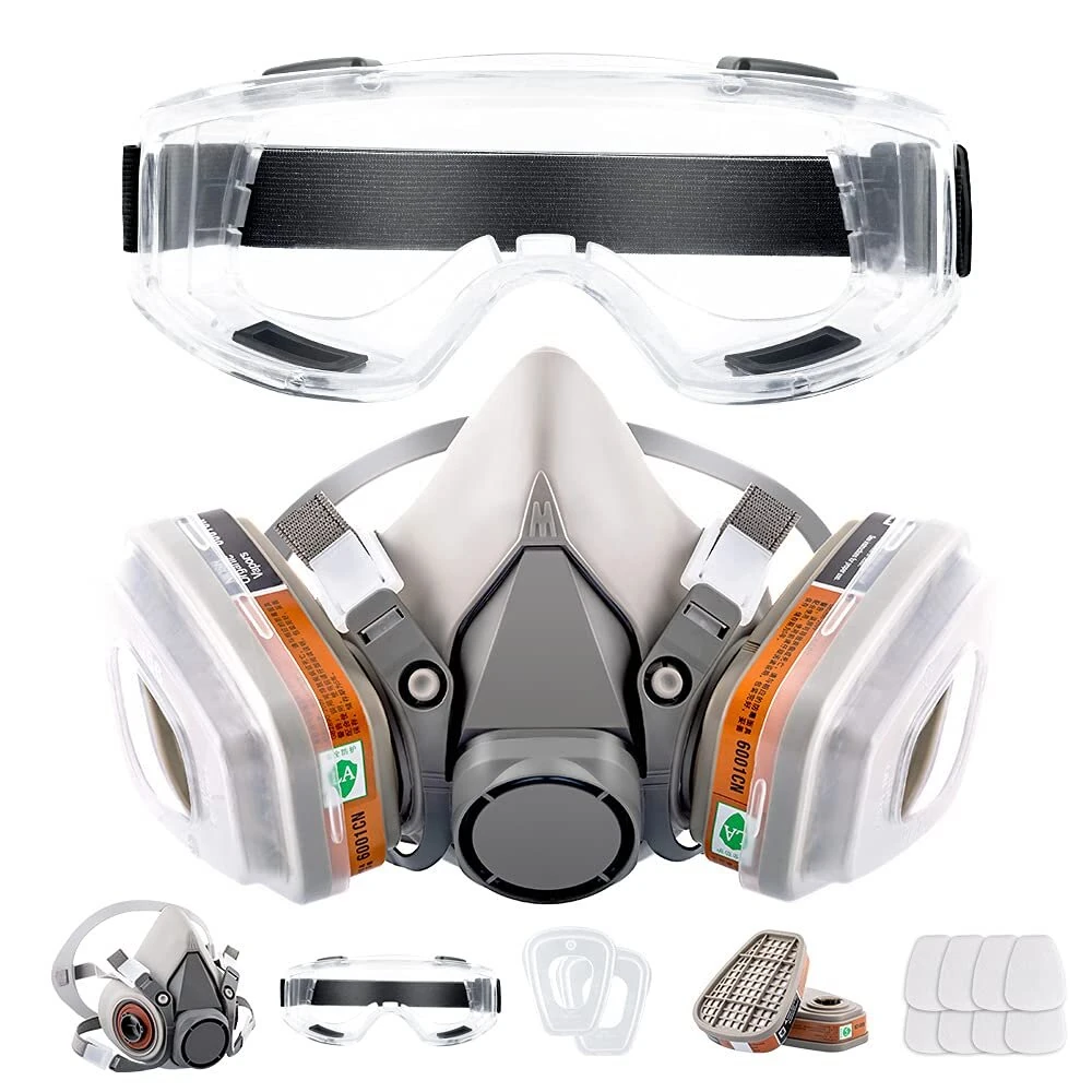 Reusable Half Face Cover Gas Mask with Safety Glasses Double Filtration for Chemical Organic Vapor Welding Woodworking Protection — Reusable