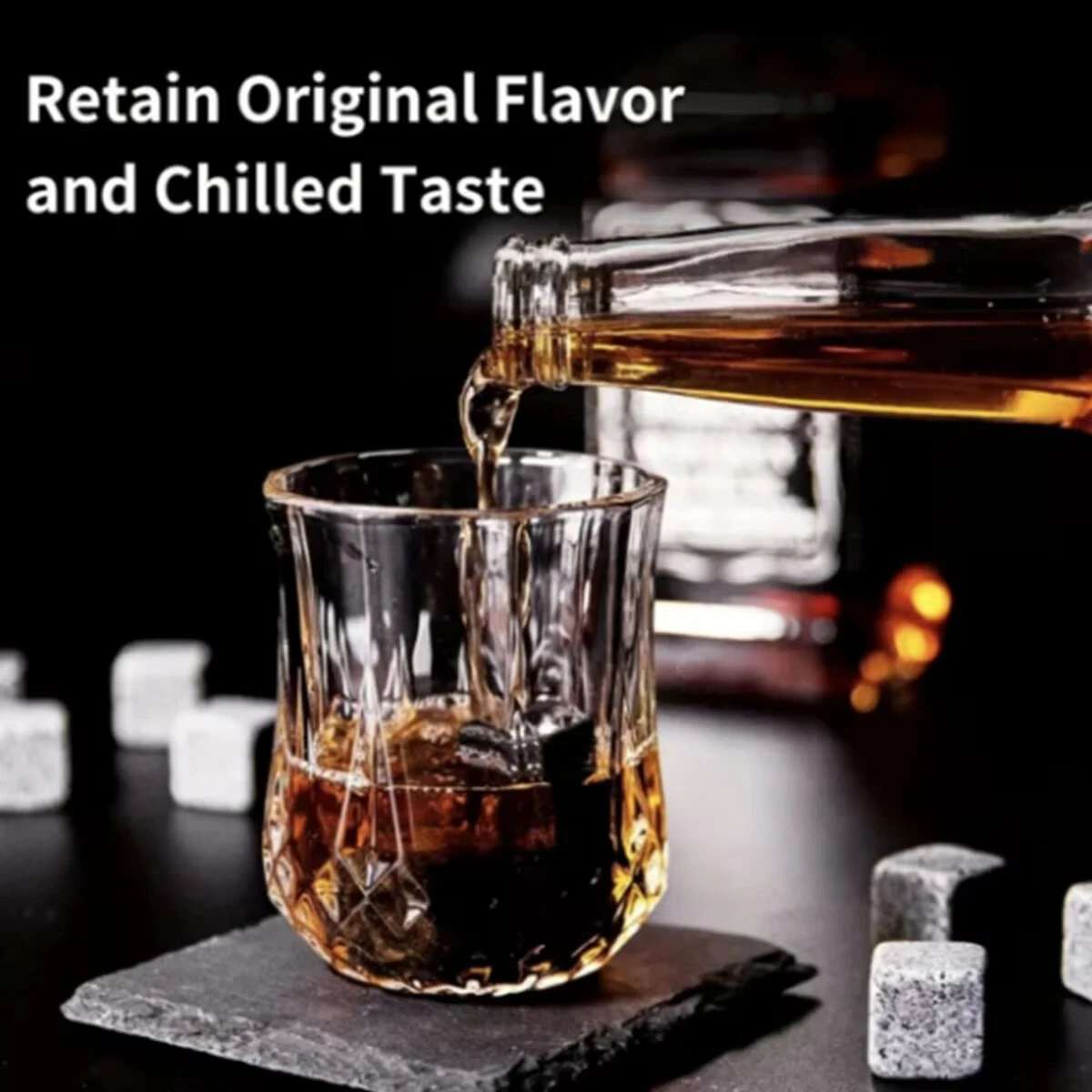 Reusable Whiskey 6 Ice Stones Set Whiskey Stones 2 Whisky Glasses Set Granite Ice Cube Stainless Steel Clips with Fleece Bag Wooden Gift Best Gift for Men — view 3