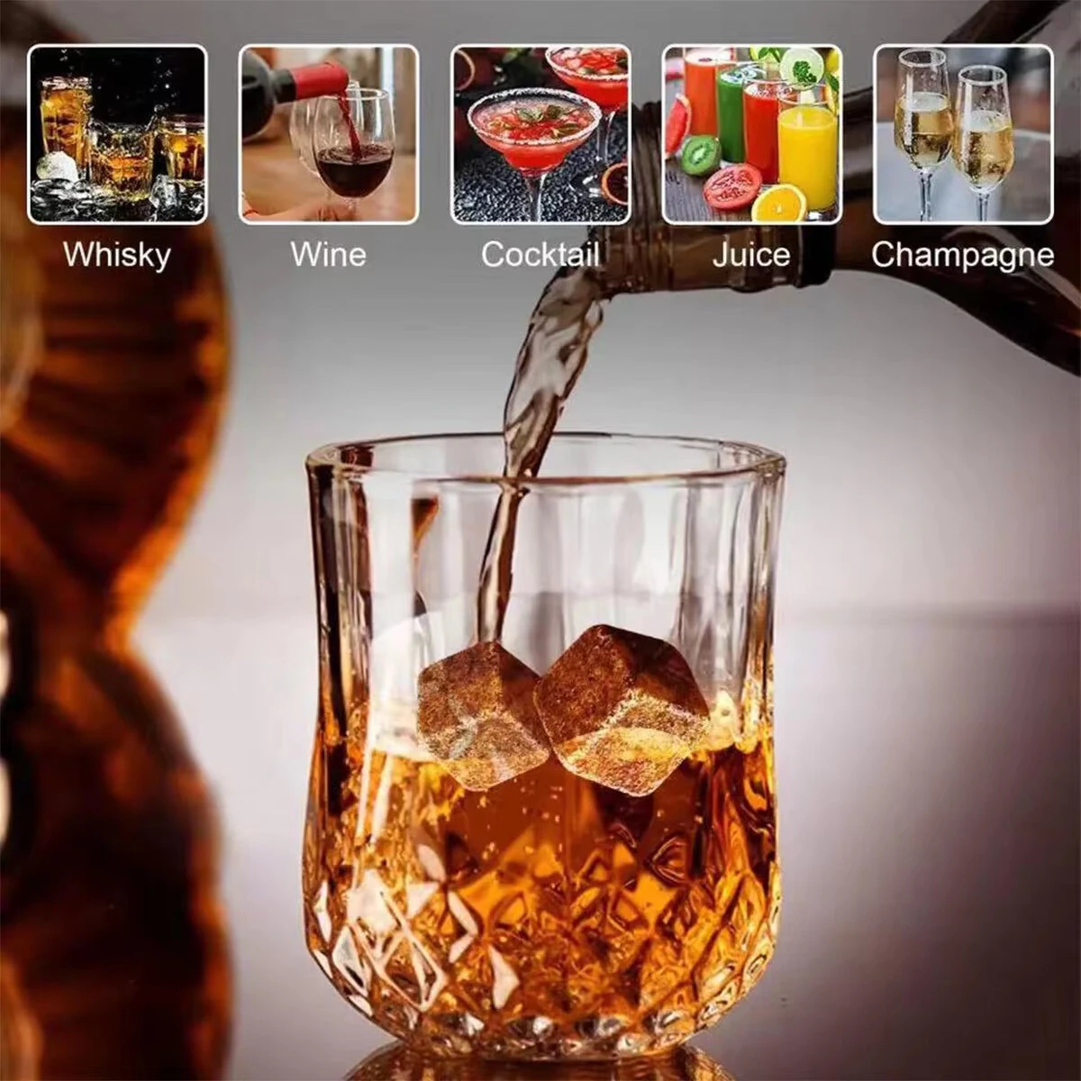 Reusable Whiskey 6 Ice Stones Set Whiskey Stones 2 Whisky Glasses Set Granite Ice Cube Stainless Steel Clips with Fleece Bag Wooden Gift Best Gift for Men — view 4