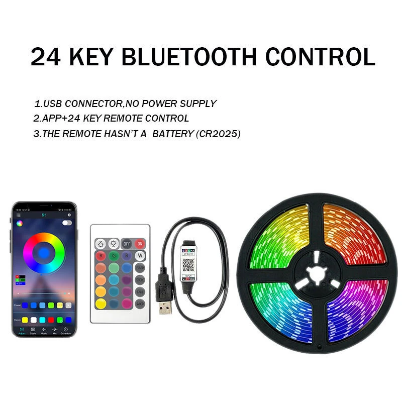 RGB LED Strip Kit 5050 Bluetooth Remote Control 5V 30 LEDs/m Adhesive Flexible Cuttable Strip Lights IP20 for Home Decor 1m 2m 5m 10m — view 11
