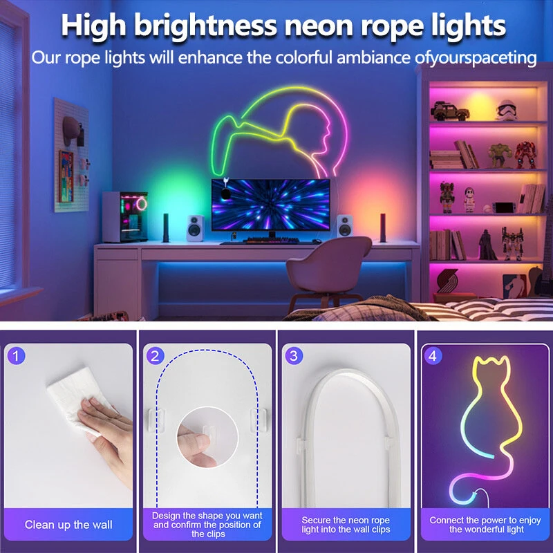 RGB Neon LED Light Strip RGBIC Waterproof Flexible 60 LEDs/m USB Powered Bluetooth App Remote Music Sync Timer Flexible Lighting Adjustments — view 7