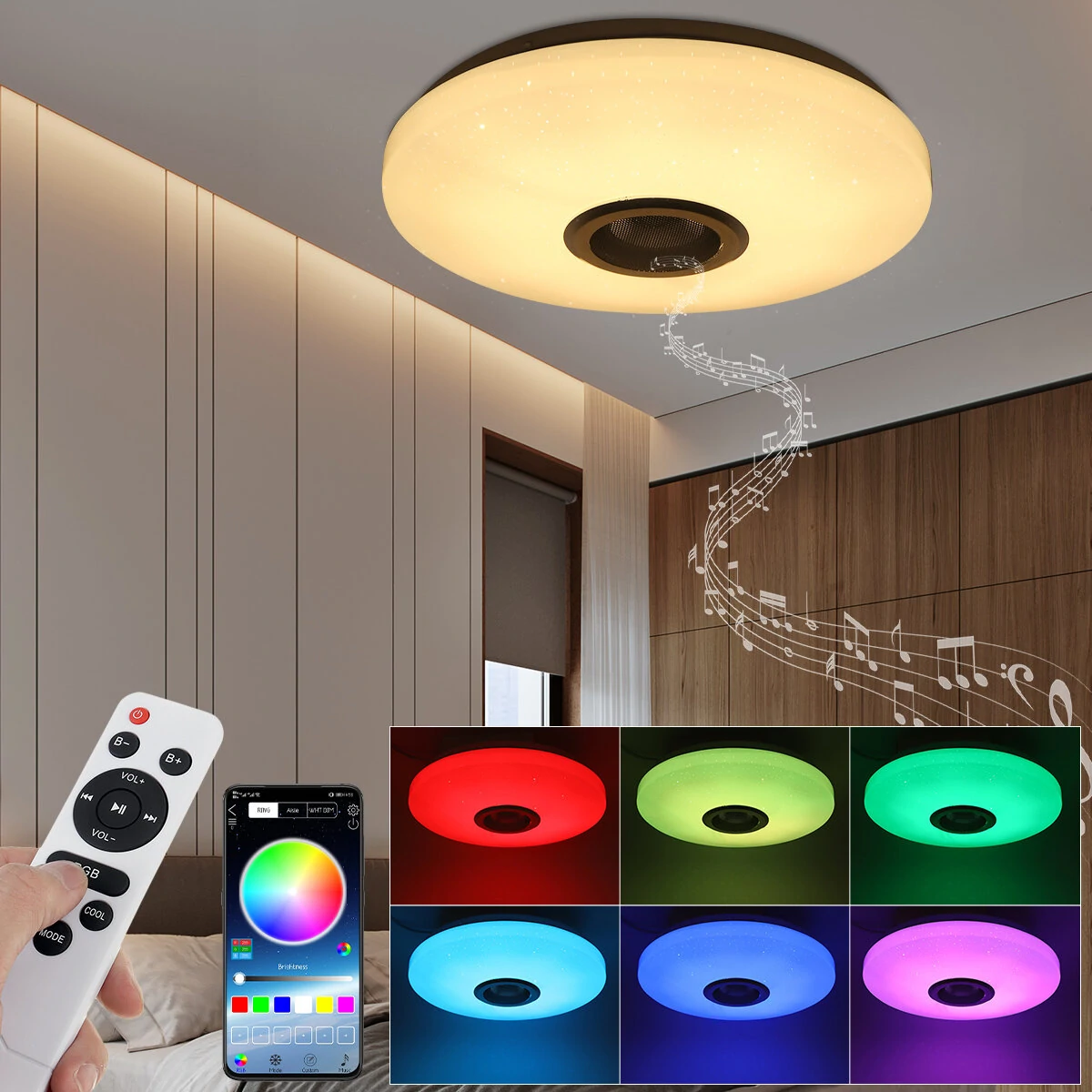 RGBW LED Ceiling Light Music Speaker Lamp Bluetooth APP + Remote Control Bedroom