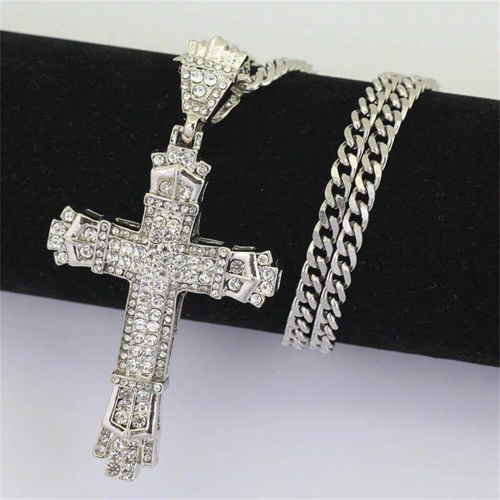 Rhinestone Cross Pendant Necklace Charm Shiny Zircon Cross Necklace for Men Women Hiphop Necklaces Fashion Jewelry Gifts — view 2