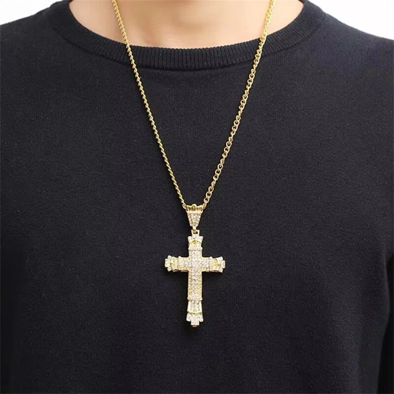 Rhinestone Cross Pendant Necklace Charm Shiny Zircon Cross Necklace for Men Women Hiphop Necklaces Fashion Jewelry Gifts — view 3