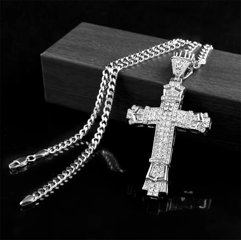 Rhinestone Cross Pendant Necklace Charm Shiny Zircon Cross Necklace for Men Women Hiphop Necklaces Fashion Jewelry Gifts — view 7