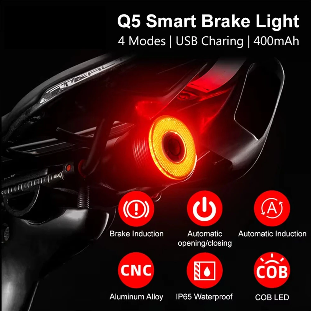 ROCKBROS Q5 Smart Auto Brake Sensing Bicycle Taillight Vibration Sensor Wake-up IPX6 Waterproof USB Charging Bike Rear Light for Night Riding — view 5