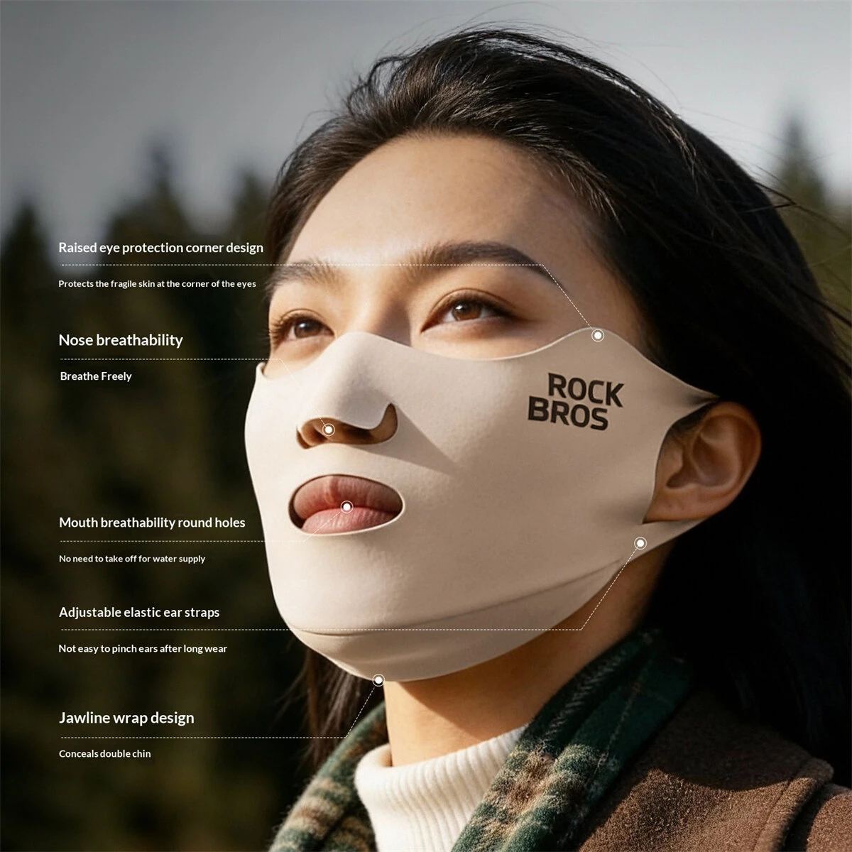 ROCKBROS Windproof Breathable Cycling Mask Comfortable Fabrics Elastic Lightweight Outdoor Sports Face Mask for Riding Travel — view 5