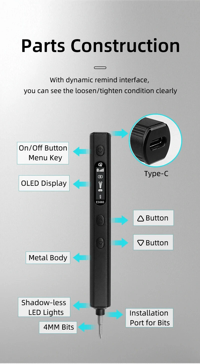 SEQURE ES666 Innovative Multi-functional Electric Screwdriver Smart Somatosensory Recognition LED Illumination Large Capacity Battery Precision Control 30PCS Hexagon Bits Essential Tool for Easy Assembly & Disassembly — view 8