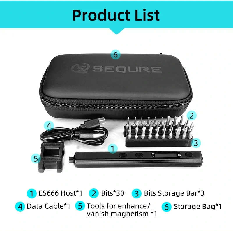SEQURE ES666 Innovative Multi-functional Electric Screwdriver Smart Somatosensory Recognition LED Illumination Large Capacity Battery Precision Control 30PCS Hexagon Bits Essential Tool for Easy Assembly & Disassembly — view 9