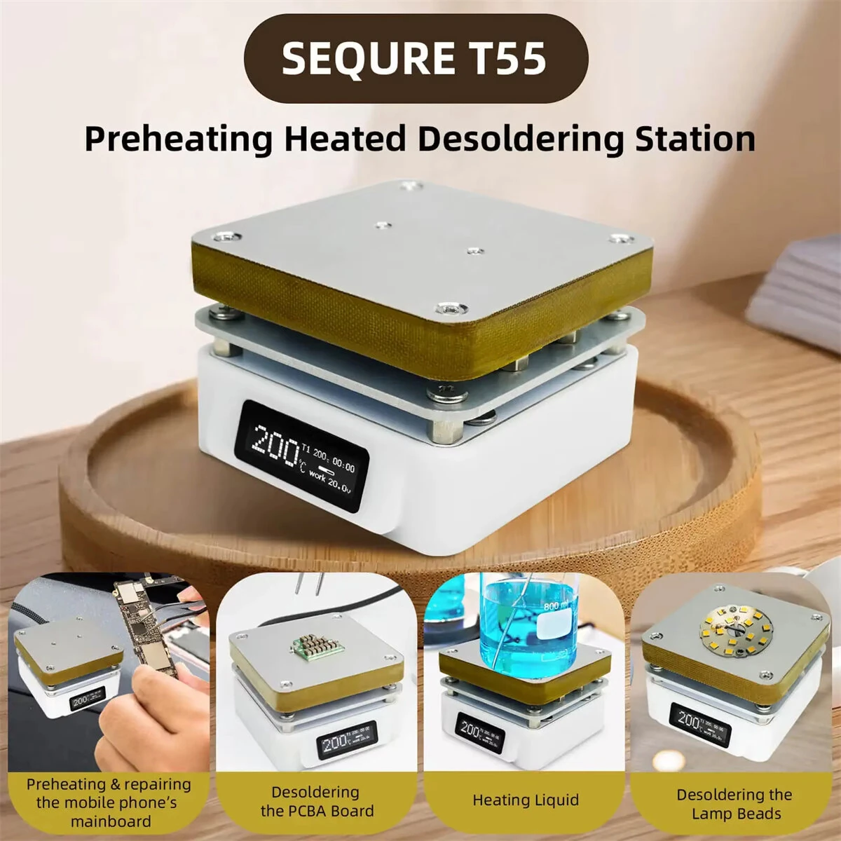 SEQURE T55 Adjustable Temperature Rework Station Electronic Hot Plate 50℃-280℃ Type-C PD QC DC Power Supply OLED Display SMD PCB Heating — view 3