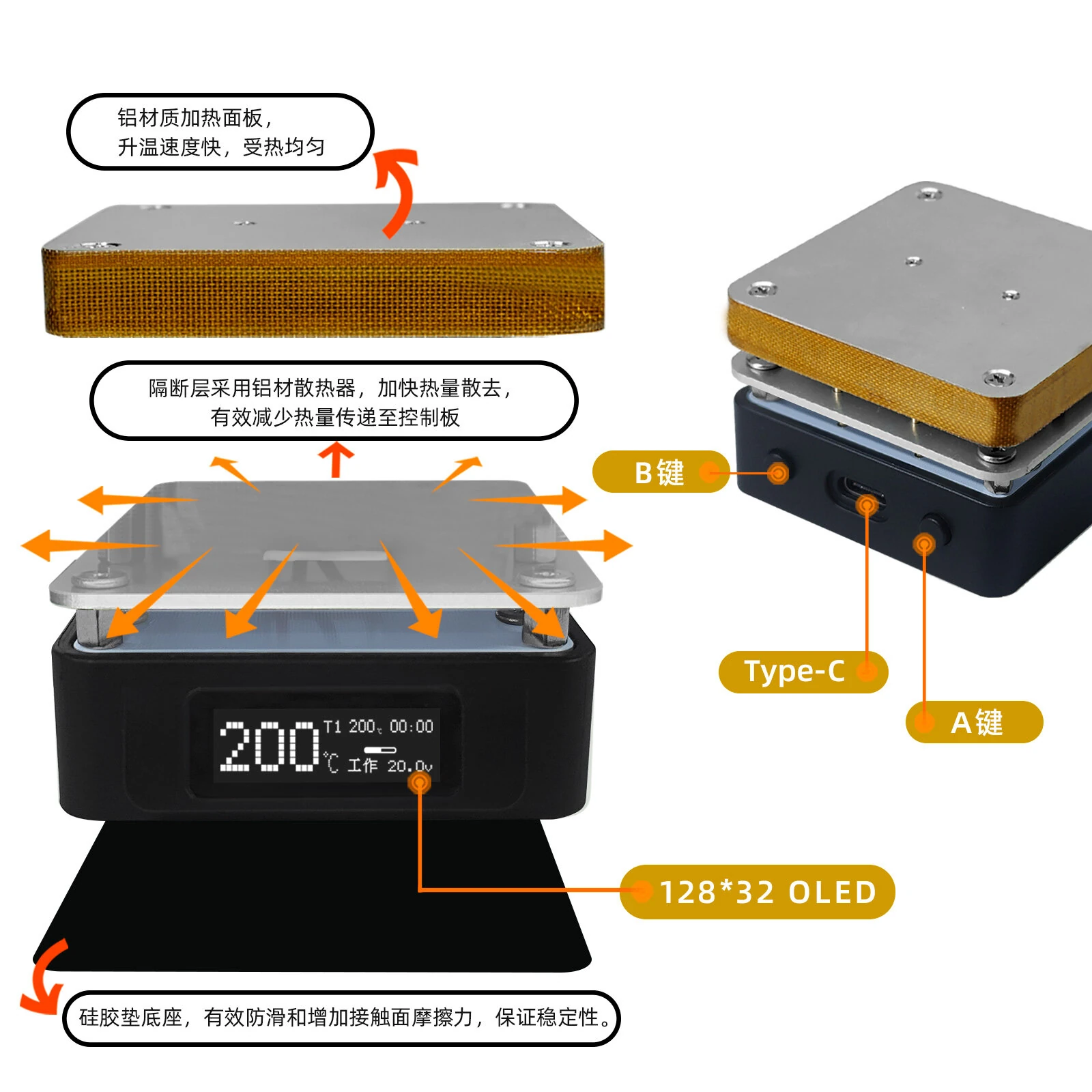 SEQURE T55 Adjustable Temperature Rework Station Electronic Hot Plate 50℃-280℃ Type-C PD QC DC Power Supply OLED Display SMD PCB Heating — view 6