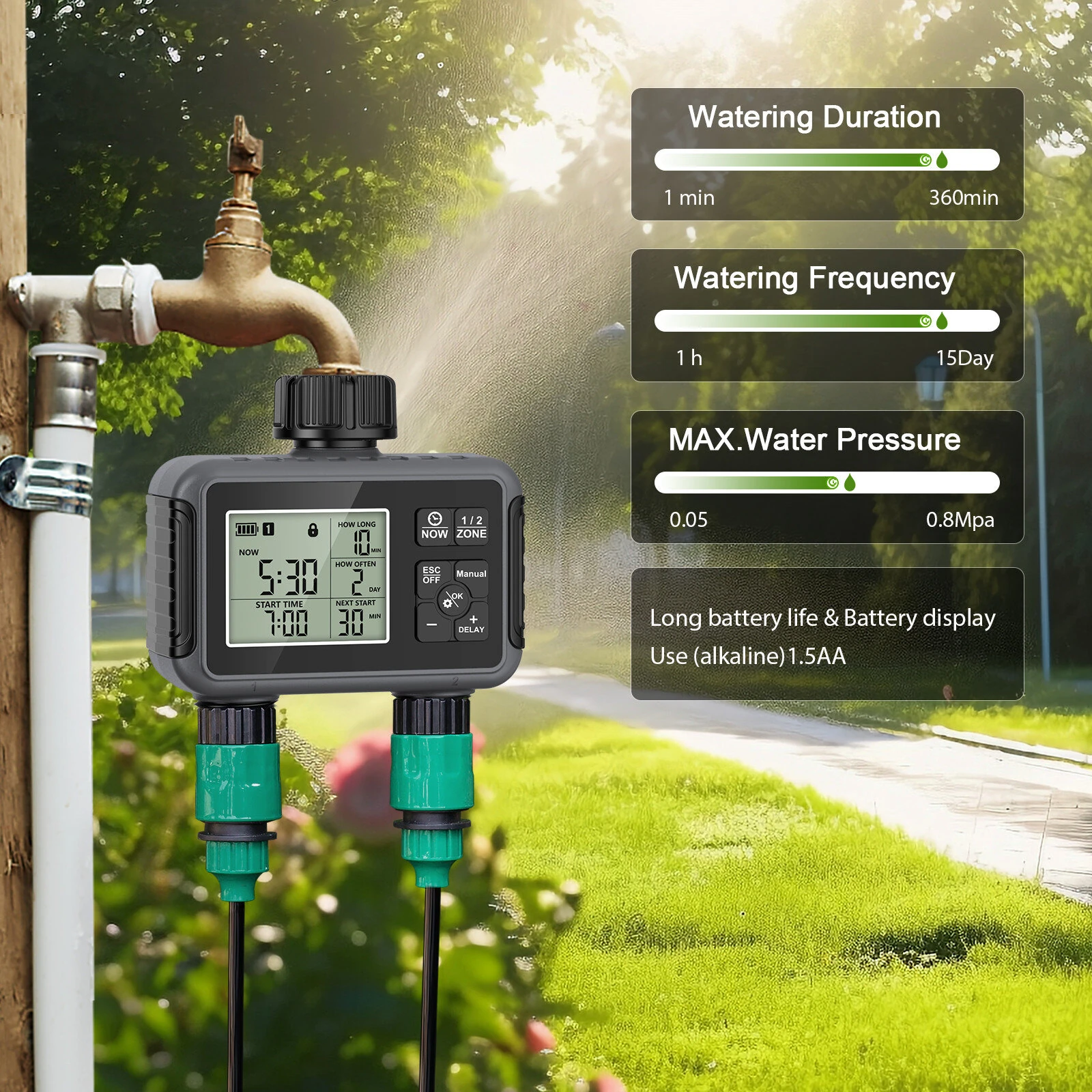 SGW07M Irrigation Timer Two Outlet Garden Automatic Watering Controller ABS UV Resistant IP55 FCC CE ROHS — view 6