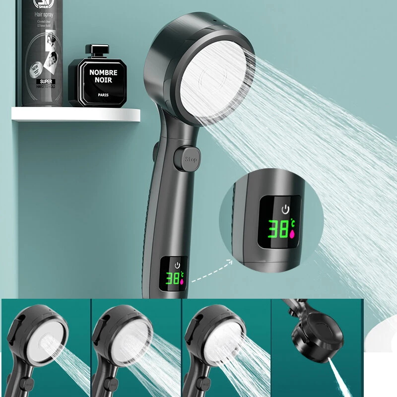 Shower Head High Pressure Digital Display Four Modes Handheld Bathroom Shower Accessory Water Saving Pressurized Adjustable Spray LED Temperature Display — Shower
