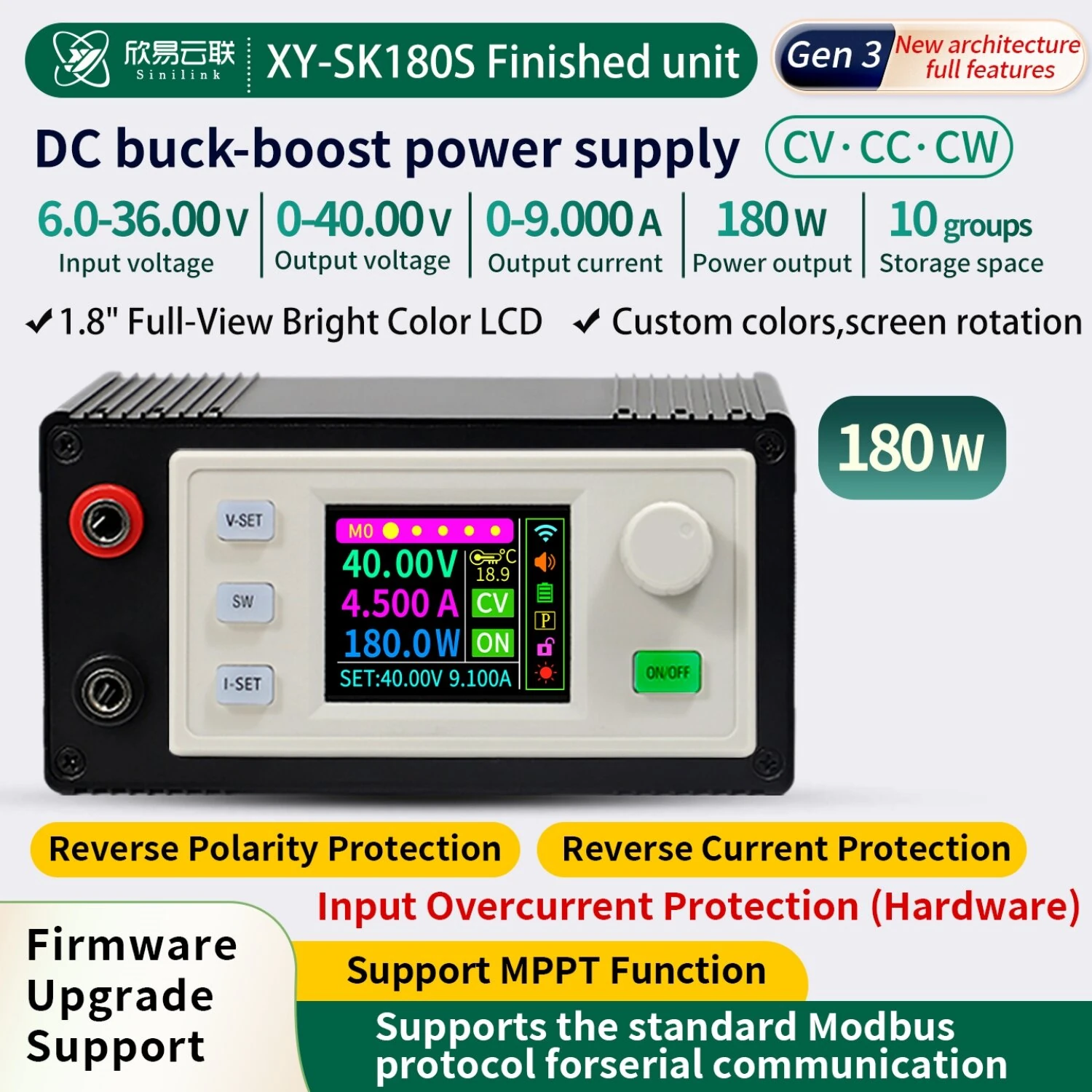 Sinilink XY-SK180S DC Buck-Boost Programmable Power Supply Module Constant Voltage Current 40V 180W Intelligent Solar Charging MPPT with 1.8 Inch Color LCD Display — view 3