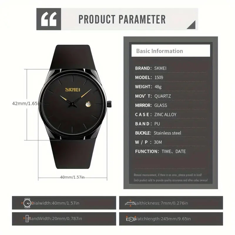 SKMEI Men's Quartz Watch Waterproof Small Dial Date Calendar Simple Fashion Sports Watch for Men Women — view 7