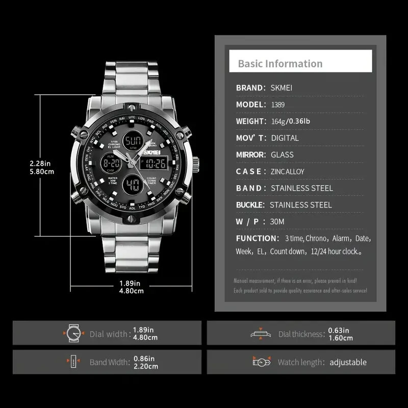 SKMEI Men's Sport Digital Watches Fashion Stopwatch Dual Display Watch 3 Time Countdown Wrist Watch — view 6