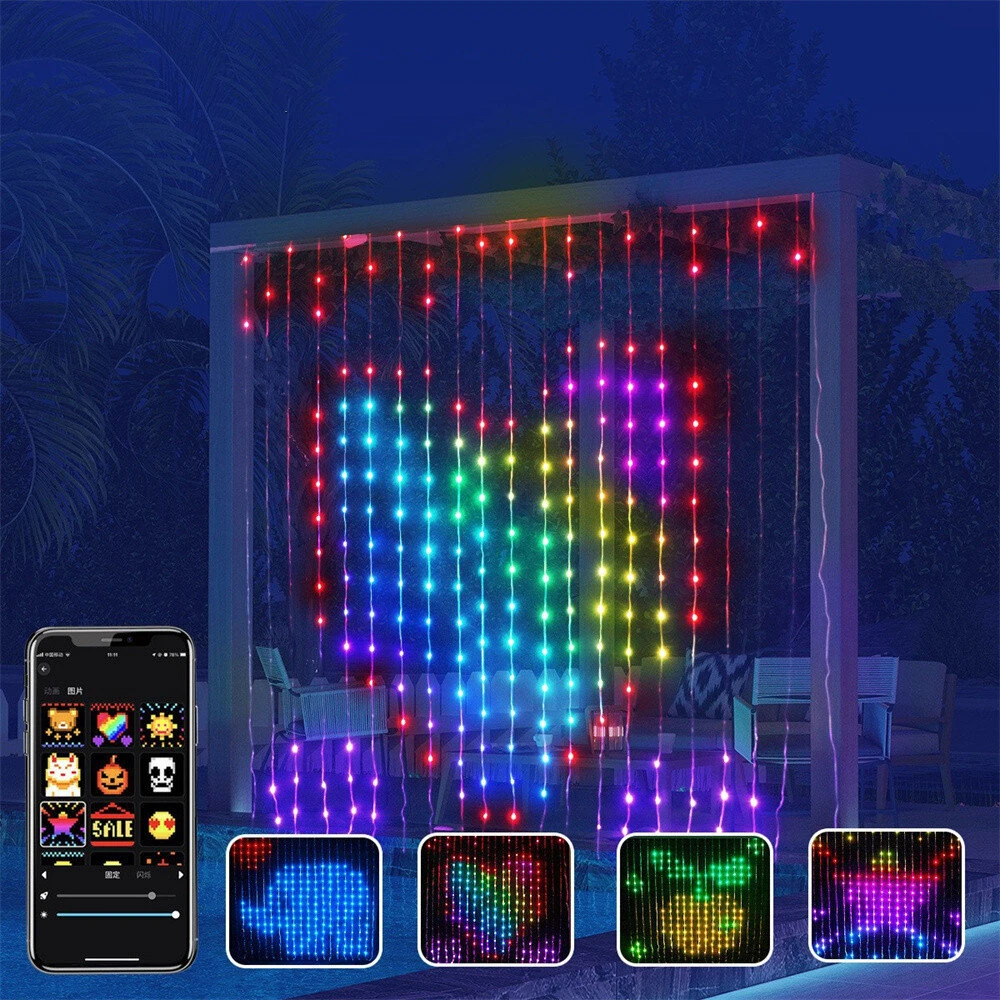 Smart Curtain Lights Bluetooth App Control RGBIC LED String Waterproof Fairy Light USB DIY Text Pattern Display Party Room Decor