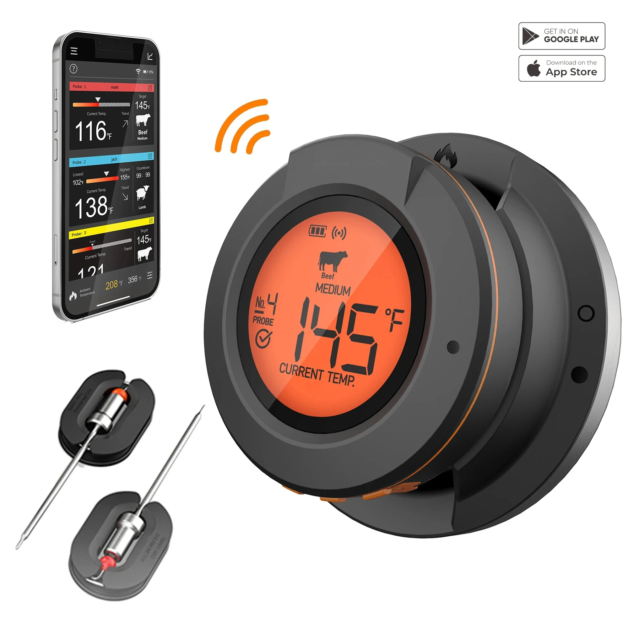 Smart Digital Bluetooth Food Cooking Waterproof IP54 Bluetooth Wireless BBQ Remote Thermometer Probes Barbecue Thermometer Free App Control Time Alarm — Pricio