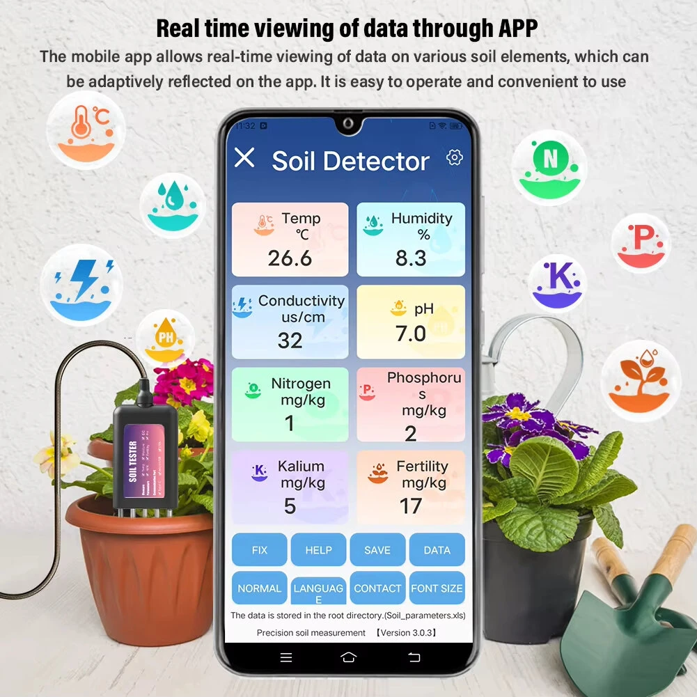 Smart Soil Tester NPK PH Meter 8 in 1 Soil Moisture Temperature Humidity Sensor for Garden iOS Android HarmonyOS — view 3