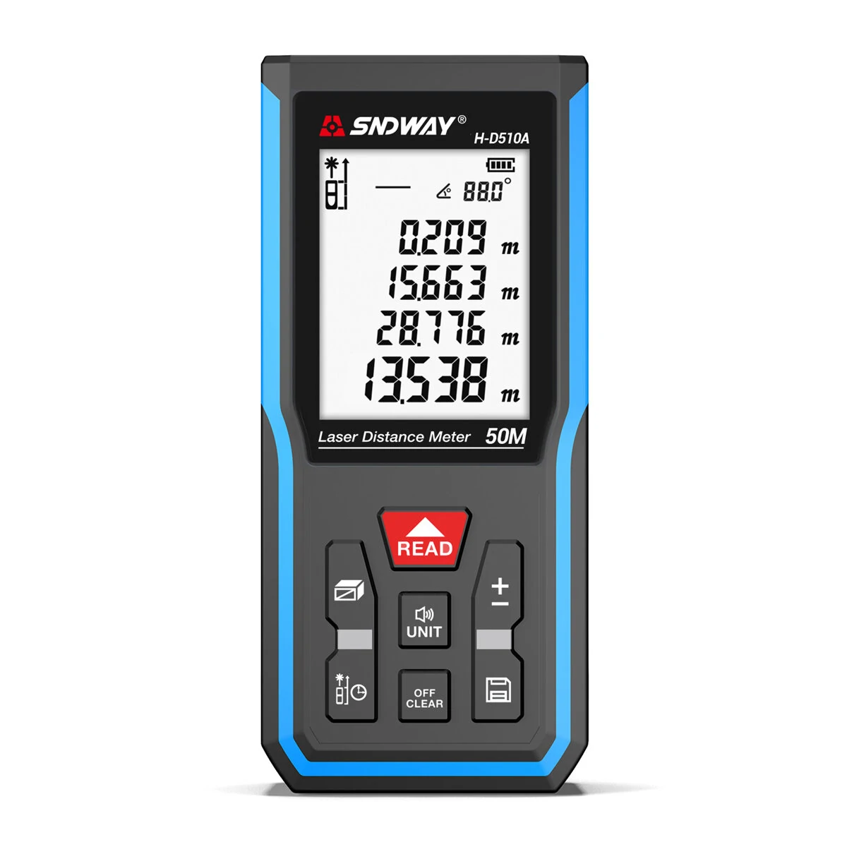 SNDWAY H-D510A/E 50mLaser Distance Meter with Electronic Angle Area Volume Pythagorean Theorem Measurement 2.0 HD Screen 99 Data Storage 850mAH Lithium Battery