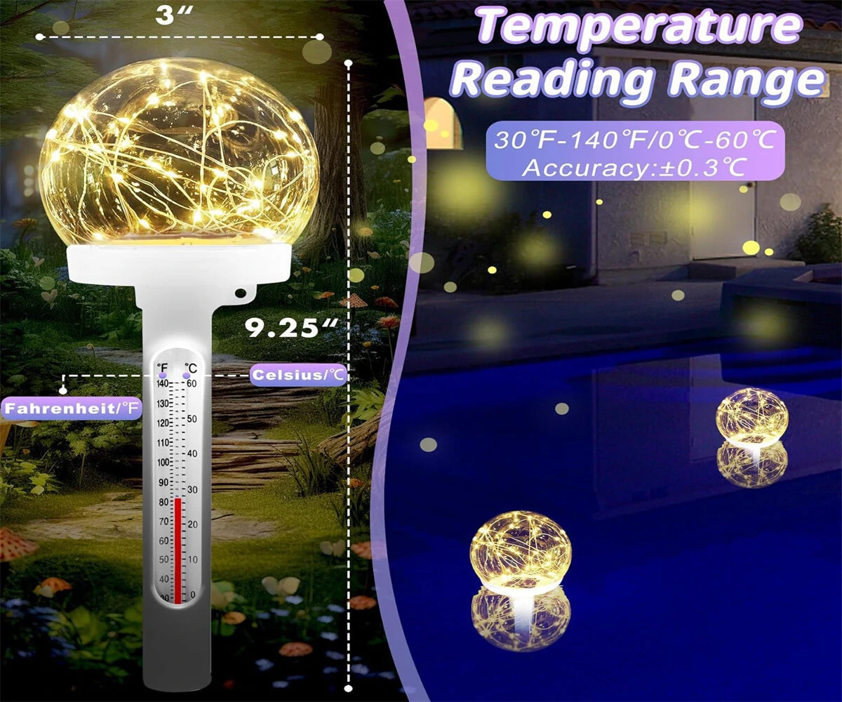 Solar Powered Floating Pool Thermometer Easy to Read Night Display Waterproof High Accuracy LED Colored Light for Perfect Ambiance and Accurate Temperature Reading Ideal for Swimming Pool Hot Tub Pond — view 4
