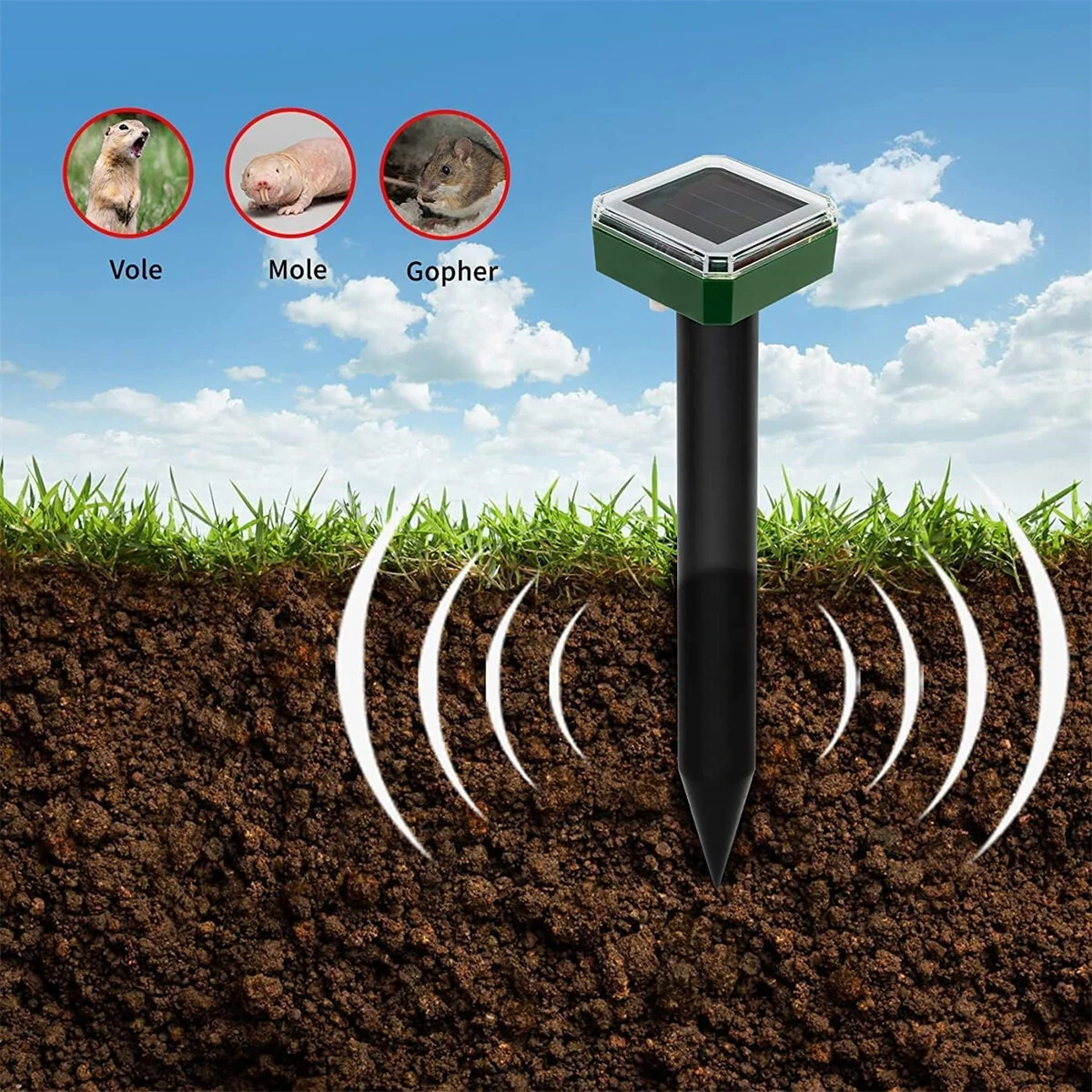 Solar Powered Mole Repellent Stakes 8pk Ultrasonic Gopher Snake Deterrent Waterproof Easy Install Offers Wide Coverage Up to 7500 Square Feet Per Stake for Outdoor Lawns and Gardens — view 3