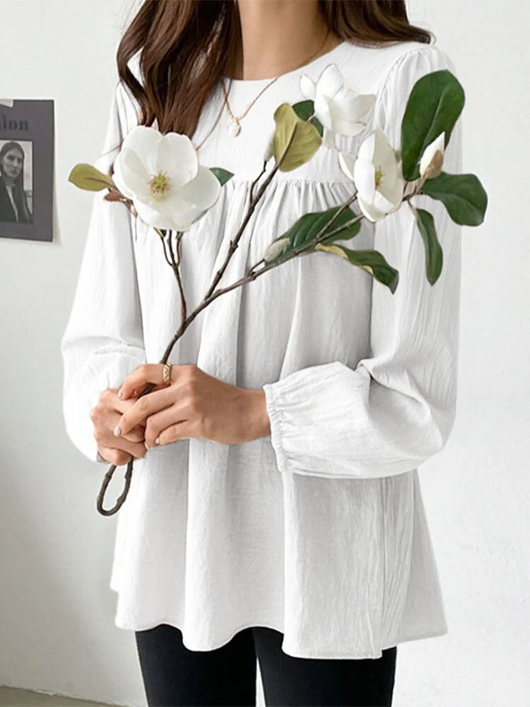 Solid Casual Keyhole Back Long Sleeve Crew Neck Blouse — view 2