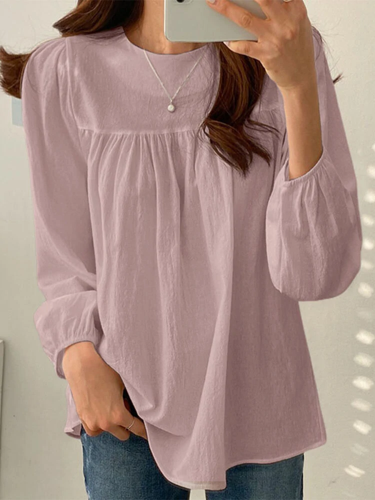 Solid Casual Keyhole Back Long Sleeve Crew Neck Blouse — view 4